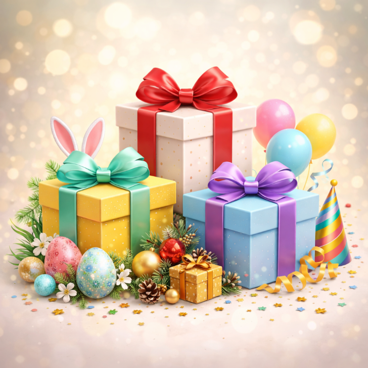 Coffre cadeau rouge avec un ruban bleu et une étiquette.